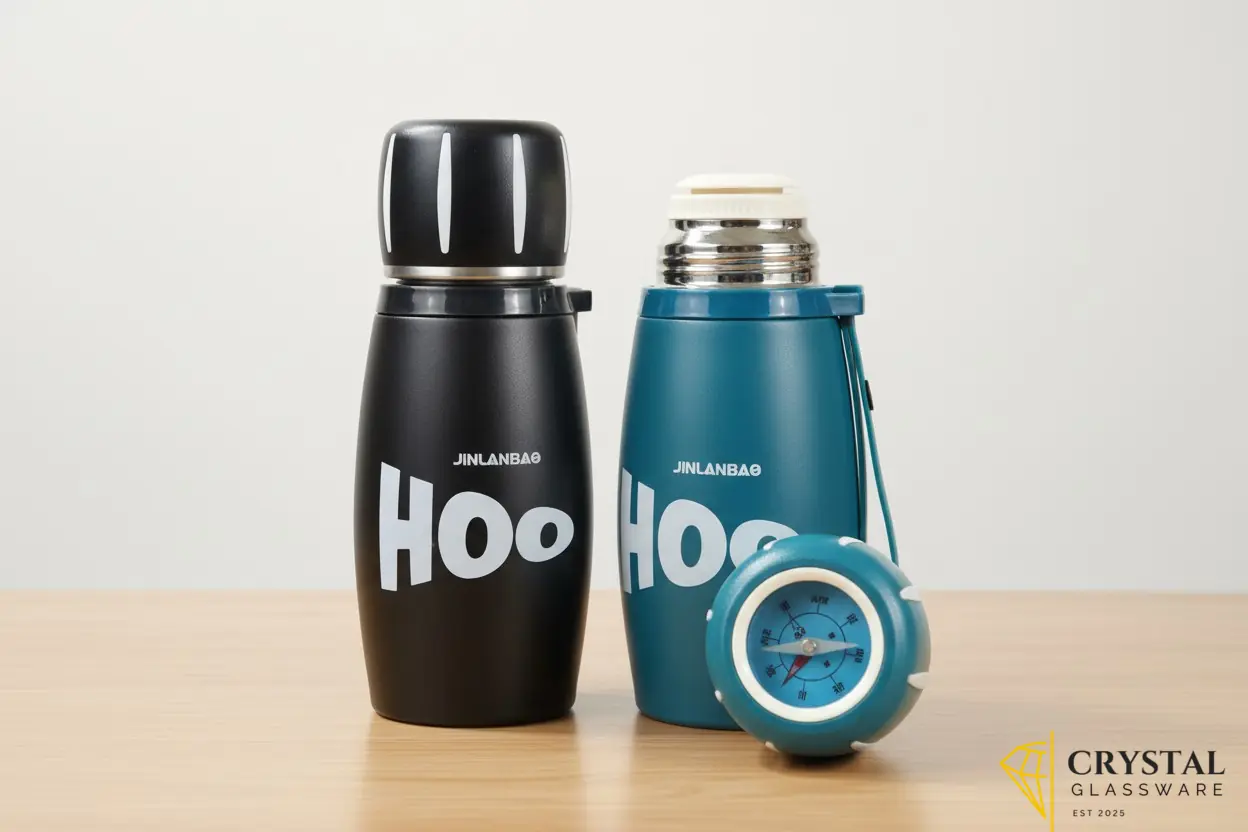 Jinlanbao vacuum-insulated stainless steel water bottle with a distinctive "Hoo" graphic and a built-in compass on the lid